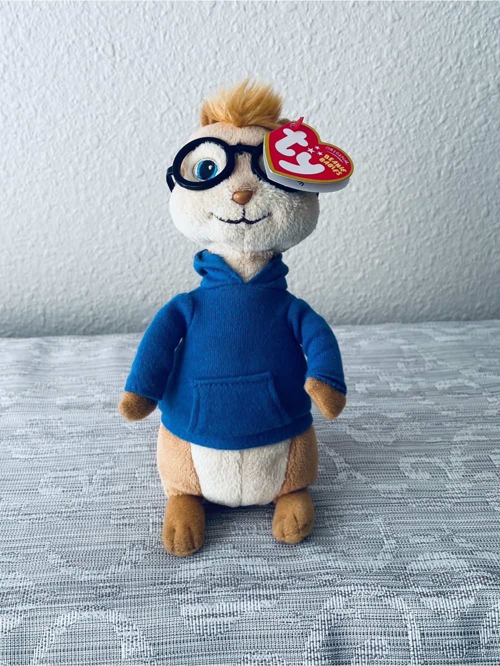 Ty Blue Hoodie Tan Plush Stuffed Animal with Glasses Simon